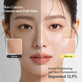 AVEYA ingredients flatlay labelled showing key actives like snail mucin and niacinamide