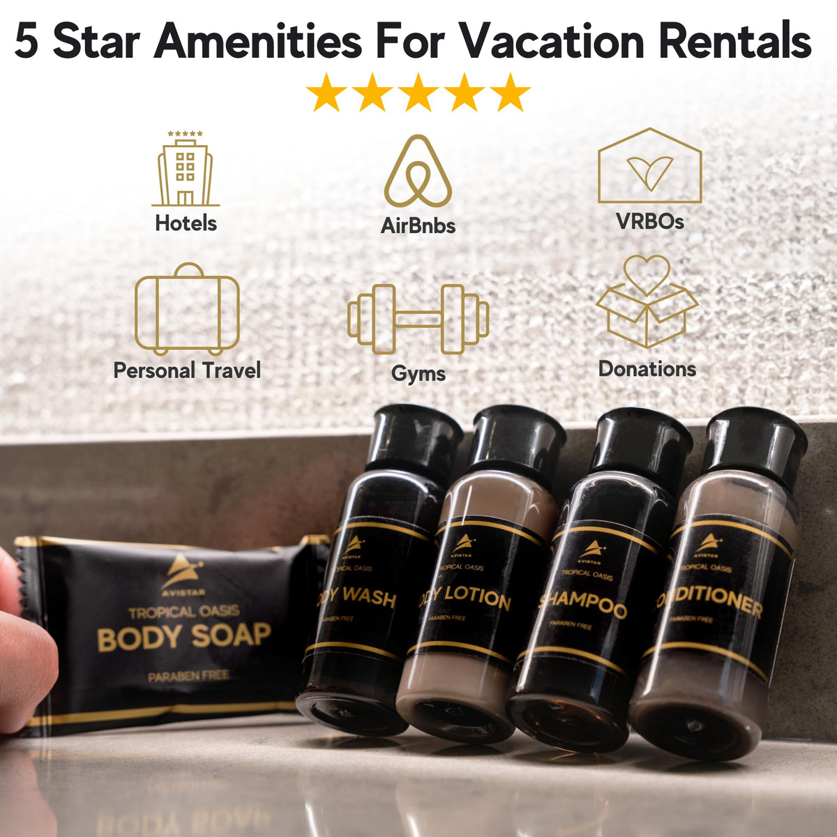 Avistar small shampoo and conditioner bottles demonstrating travel convenience