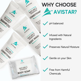 Avistar amenities displayed on shelf in guest room promoting professional look