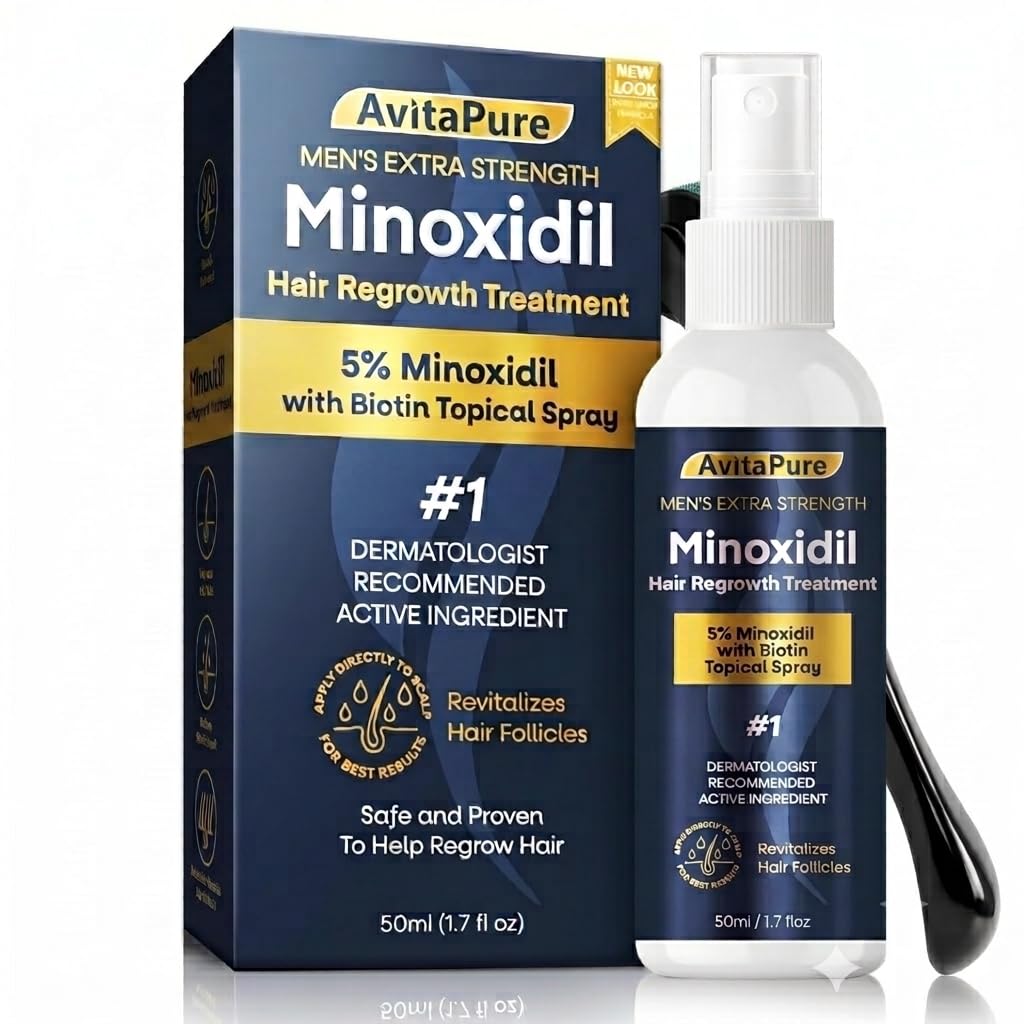 AVITAPURE front packaging showing 5% minoxidil spray and benefits