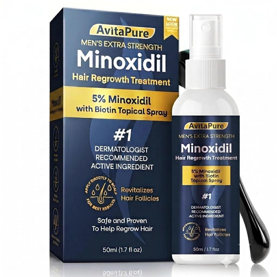 AVITAPURE front packaging showing 5% minoxidil spray and benefits