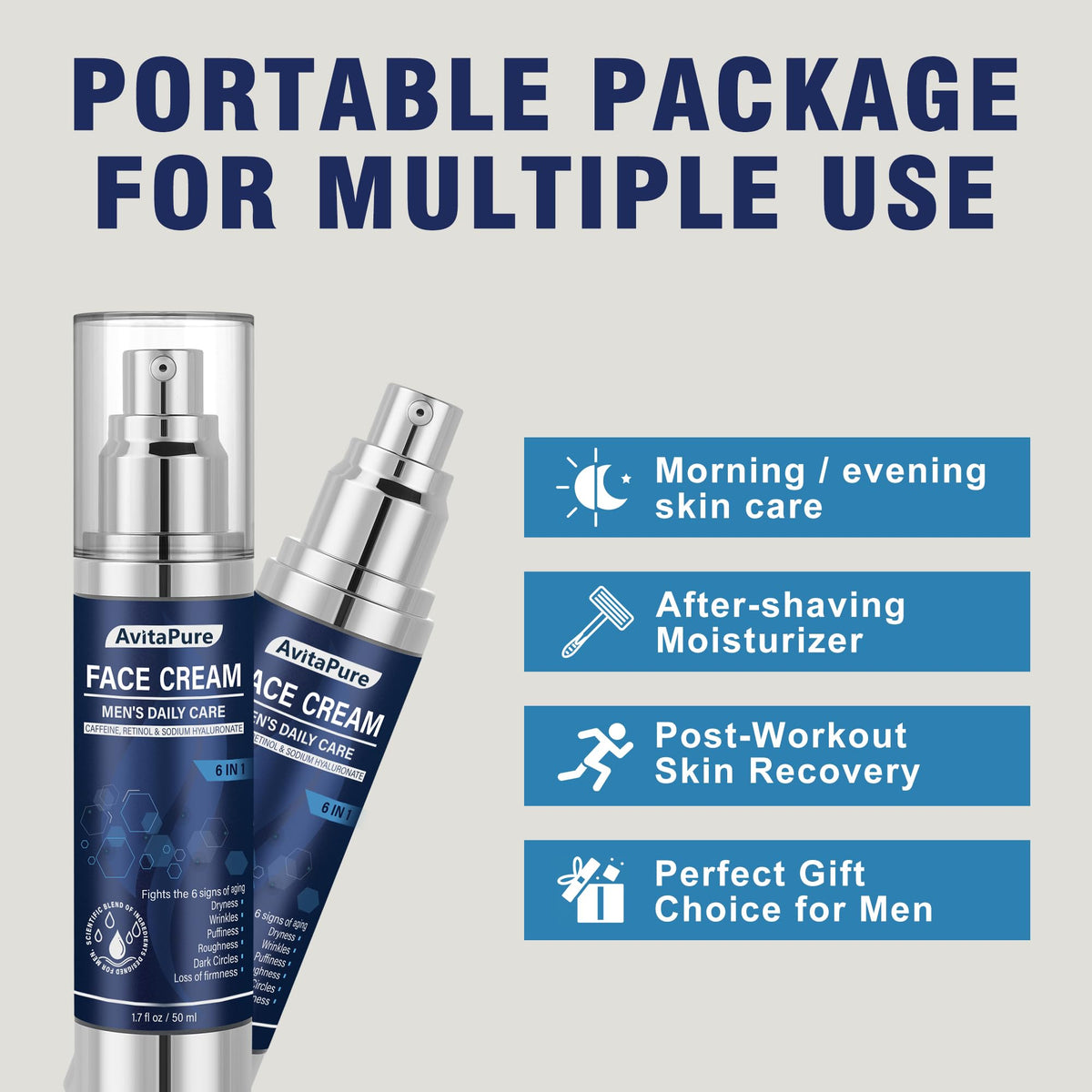 AVITAPURE next to common items for scale to show the compact 1.7 fl oz size