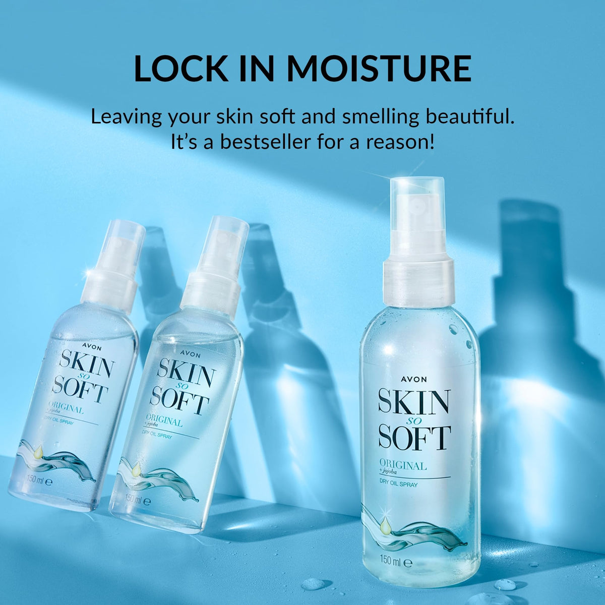 AVON SKIN SO SOFT bottle in hand for size comparison and portability