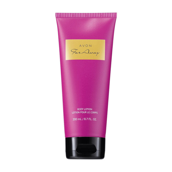 AVON Far Away front packaging showing bottle and moisturizing cream benefit