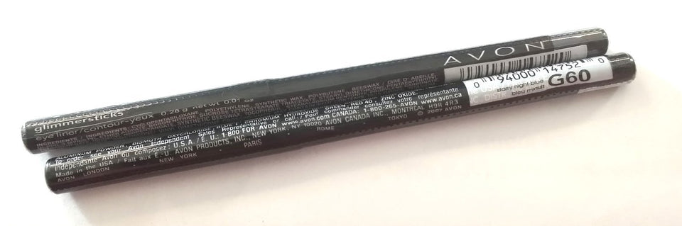 AVON Glimmersticks front packaging showing two Starry Night Blue pencils for reliable color