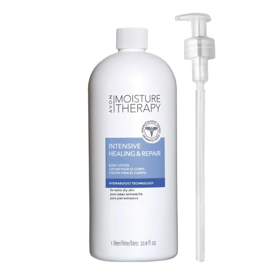 AVON pump bottle front view showing size and easy dispensing for long-lasting hydration