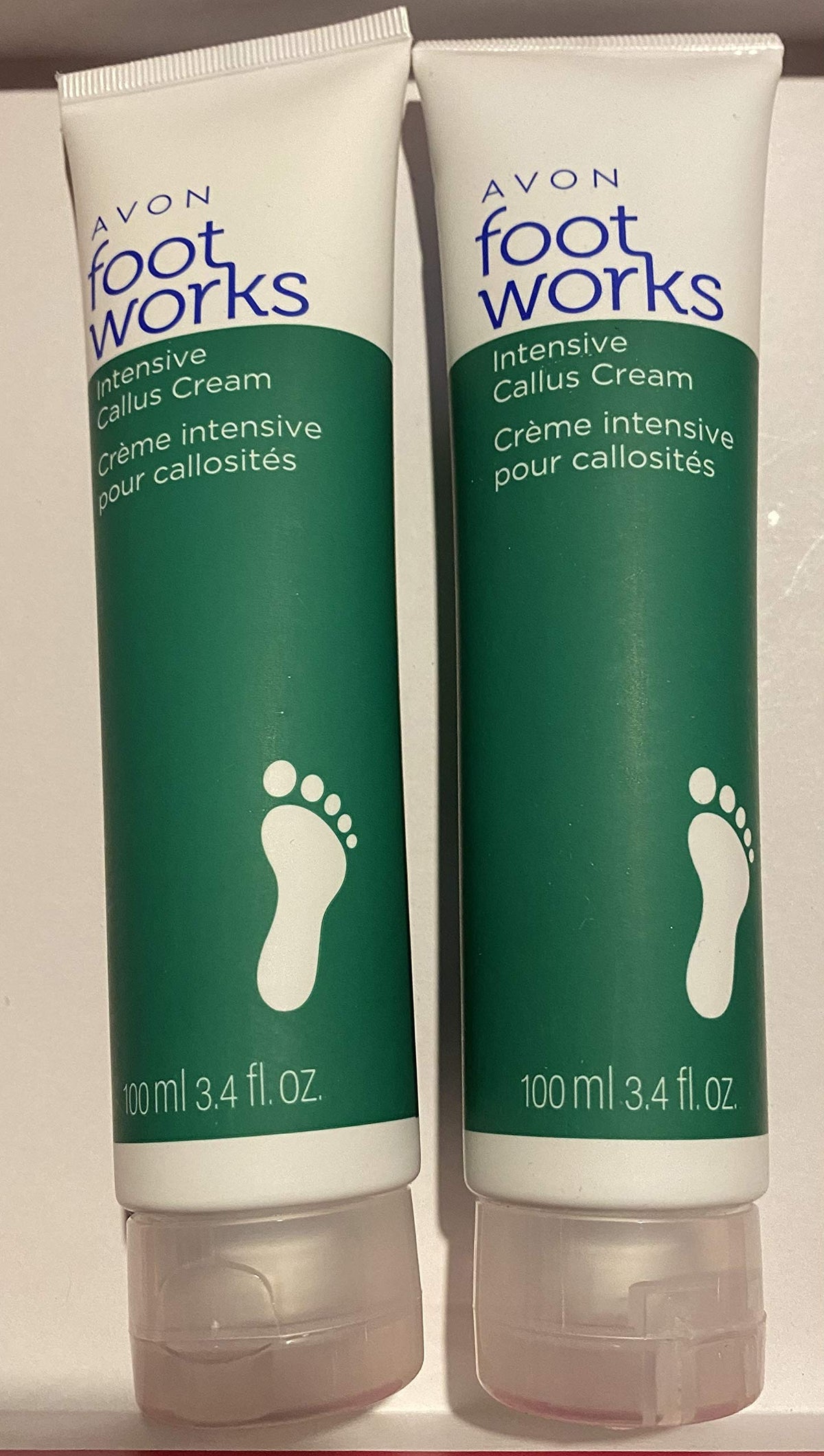 AVON Peppermint Foot Works front packaging showing 2-pack and 3.4 fl oz tubes, clear product benefit