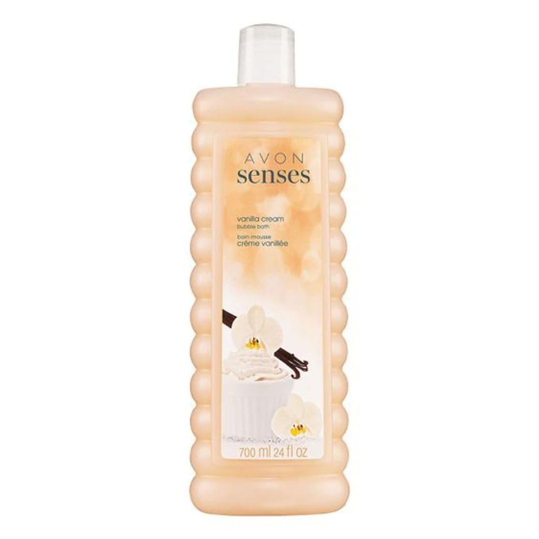 AVON Senses front packaging showing 24 fl oz bottle and calming vanilla benefit