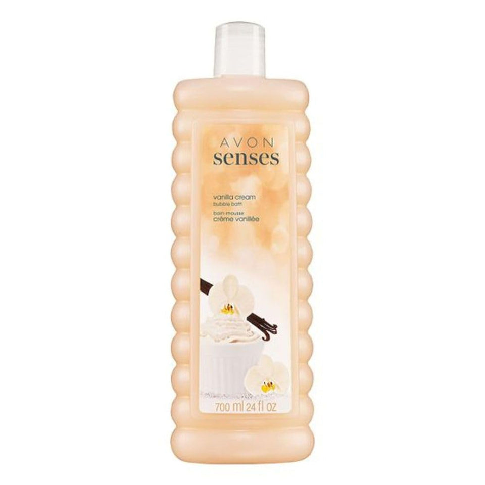 AVON Senses front packaging showing 24 fl oz bottle and calming vanilla benefit
