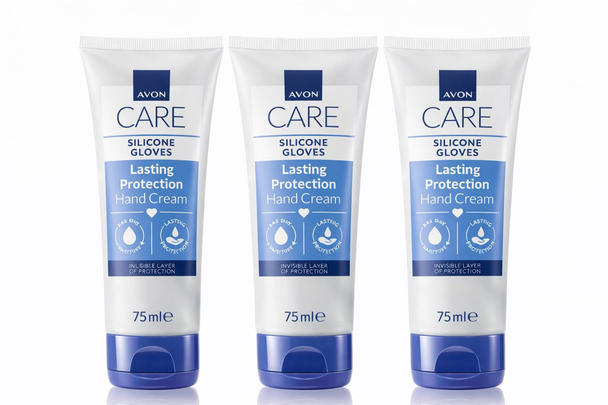 AVON silicone glove front packaging showing two 3.4 fl oz tubes and product benefit
