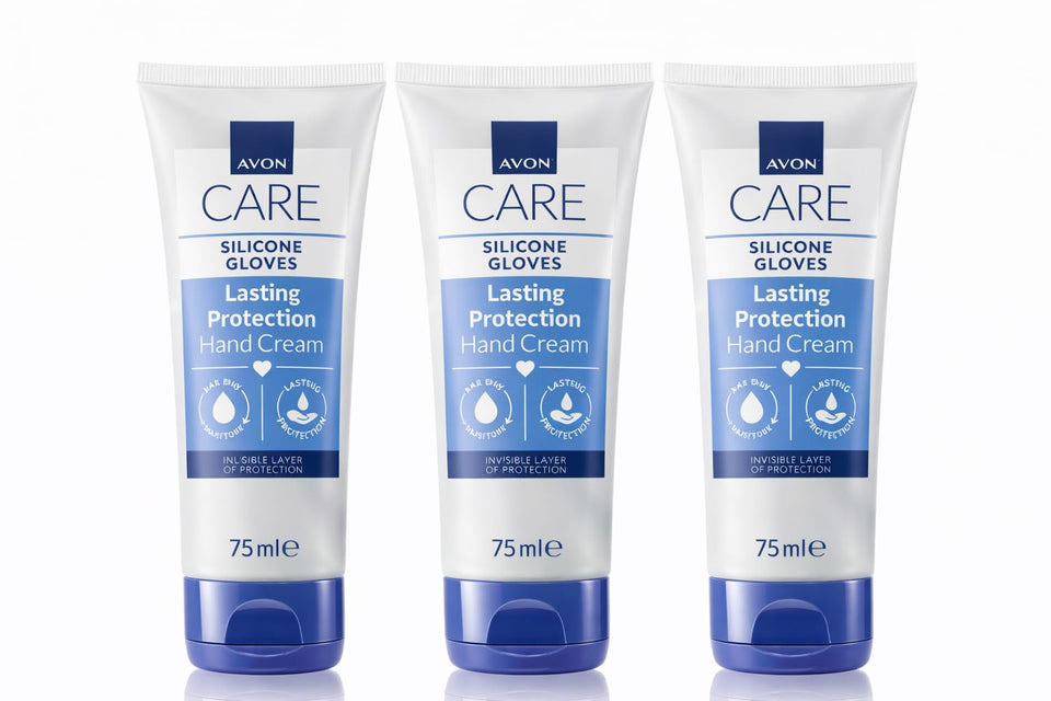 AVON silicone glove front packaging showing two 3.4 fl oz tubes and product benefit