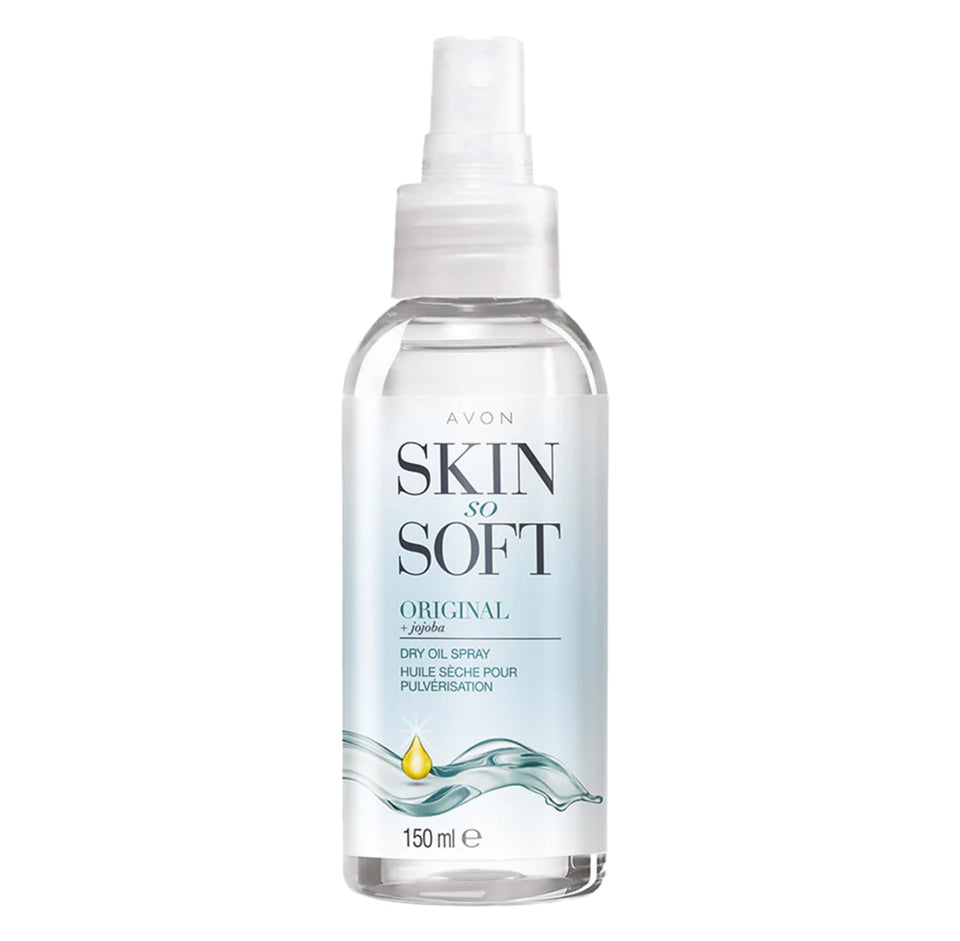 AVON SKIN SO SOFT front packaging showing travel‑size convenience and hydration