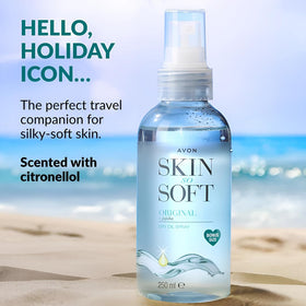 AVON SKIN SO SOFT being sprayed on leg for fast-absorbing smooth skin benefit