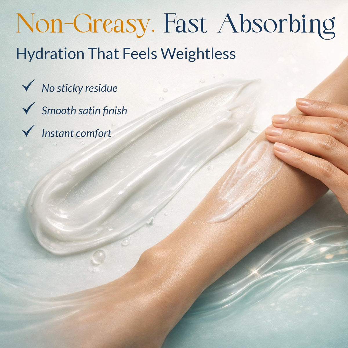 AVON close-up of lotion texture on fingers highlighting jojoba nourishment and fast absorption