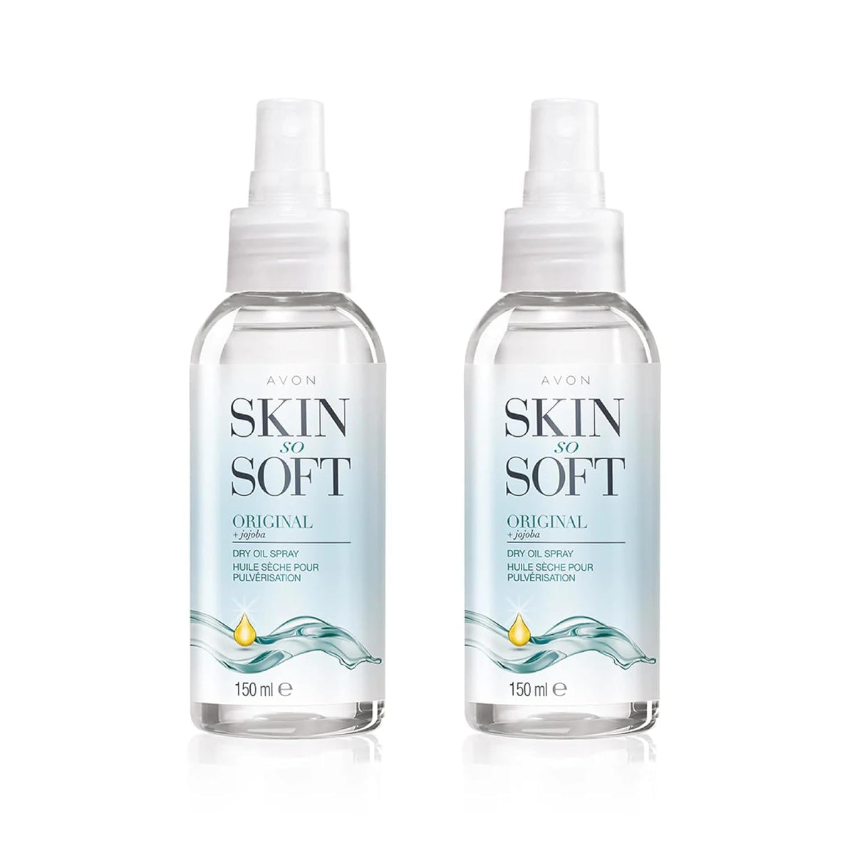 AVON SKIN SO SOFT front packaging showing sleek 150ml spray, promotes lightweight hydration