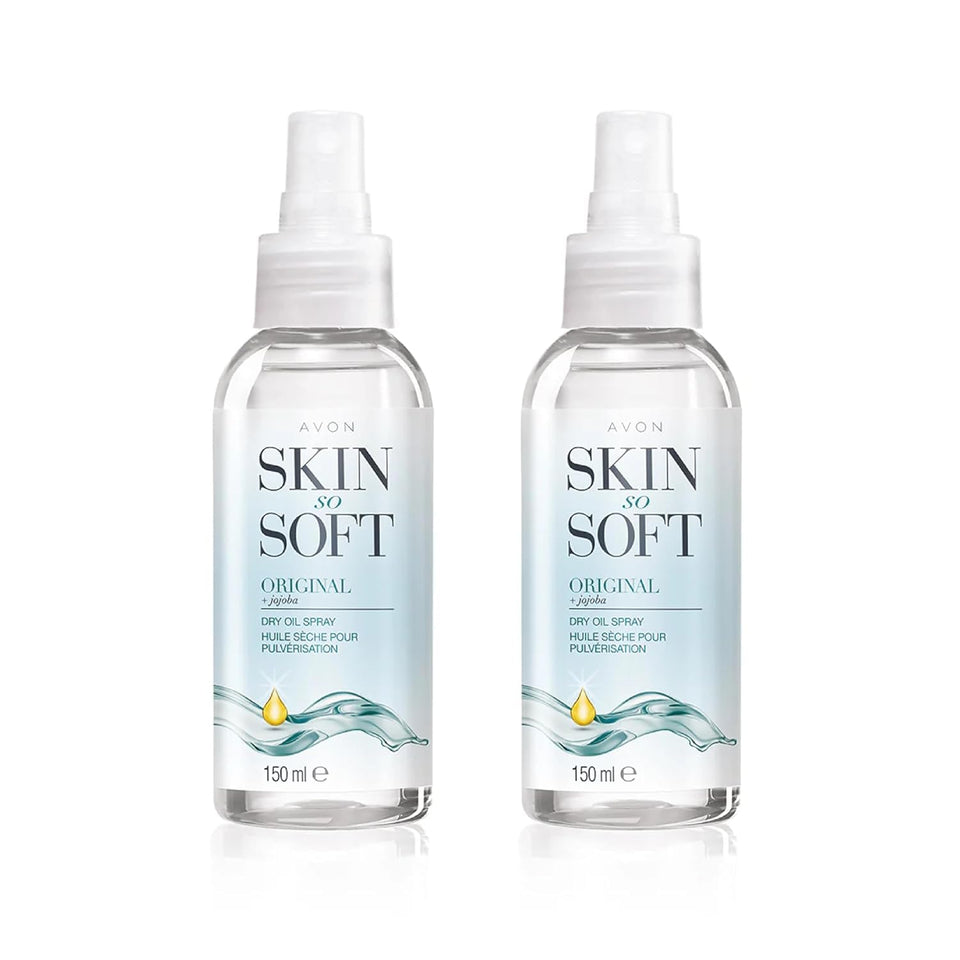 AVON SKIN SO SOFT front packaging showing sleek 150ml spray, promotes lightweight hydration