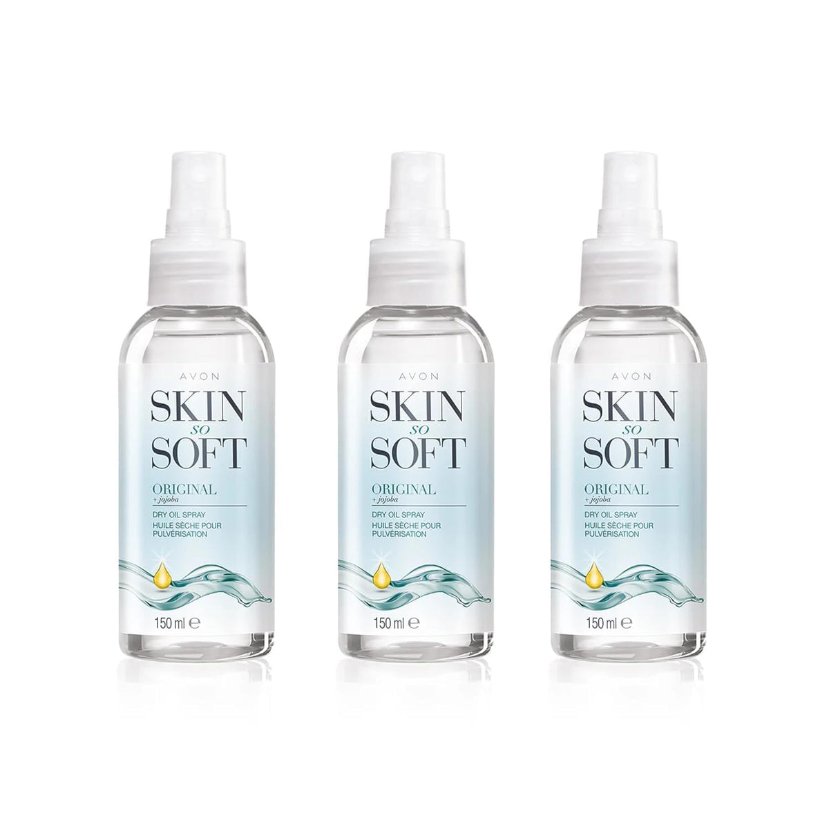 AVON SKIN SO SOFT front packaging showing three bottles and value