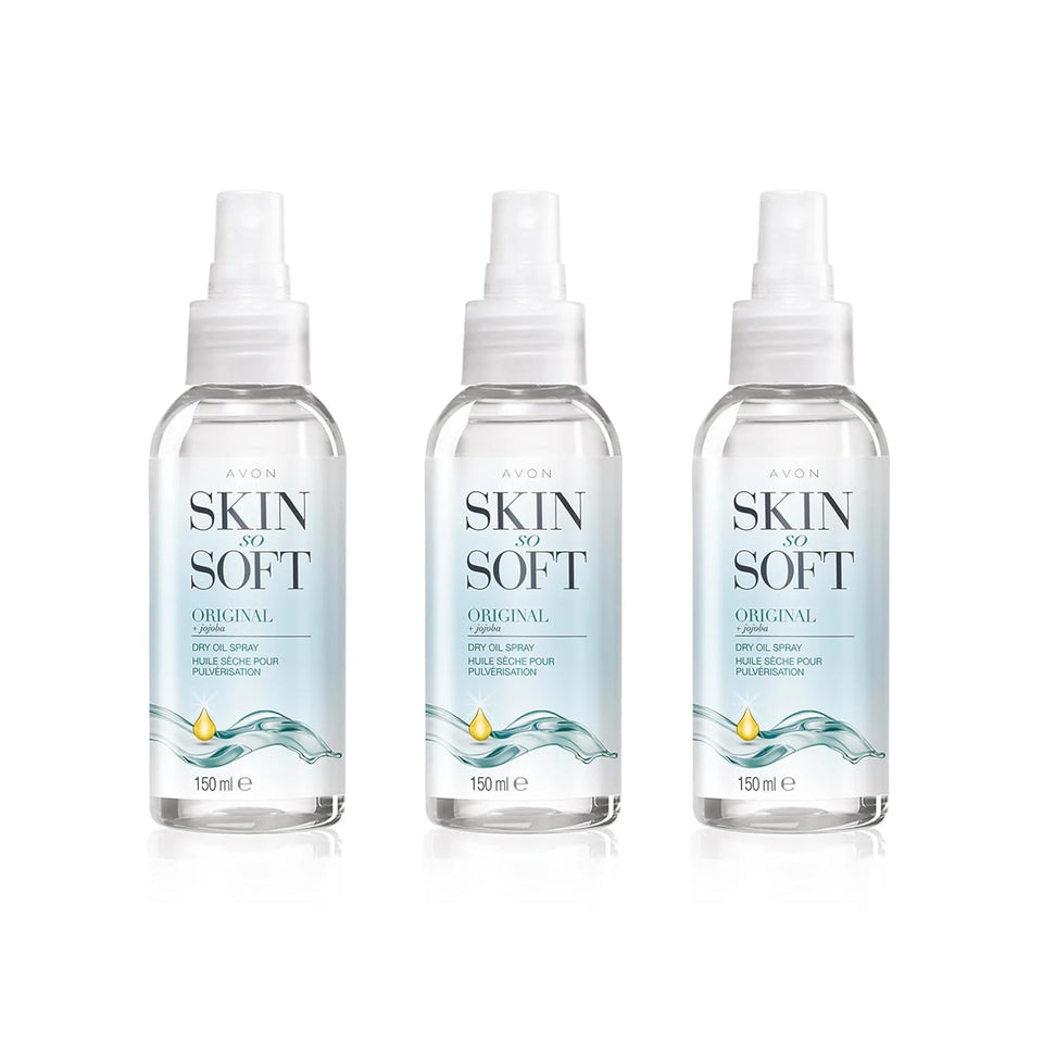 AVON SKIN SO SOFT front packaging showing three bottles and value