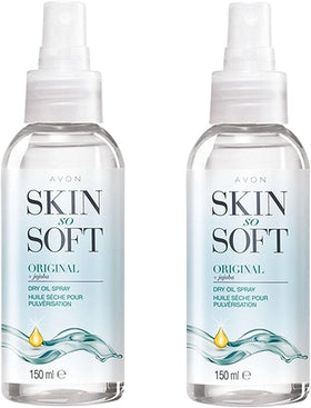 AVON SKIN SO SOFT front packaging showing dual 150ml bottles and benefits