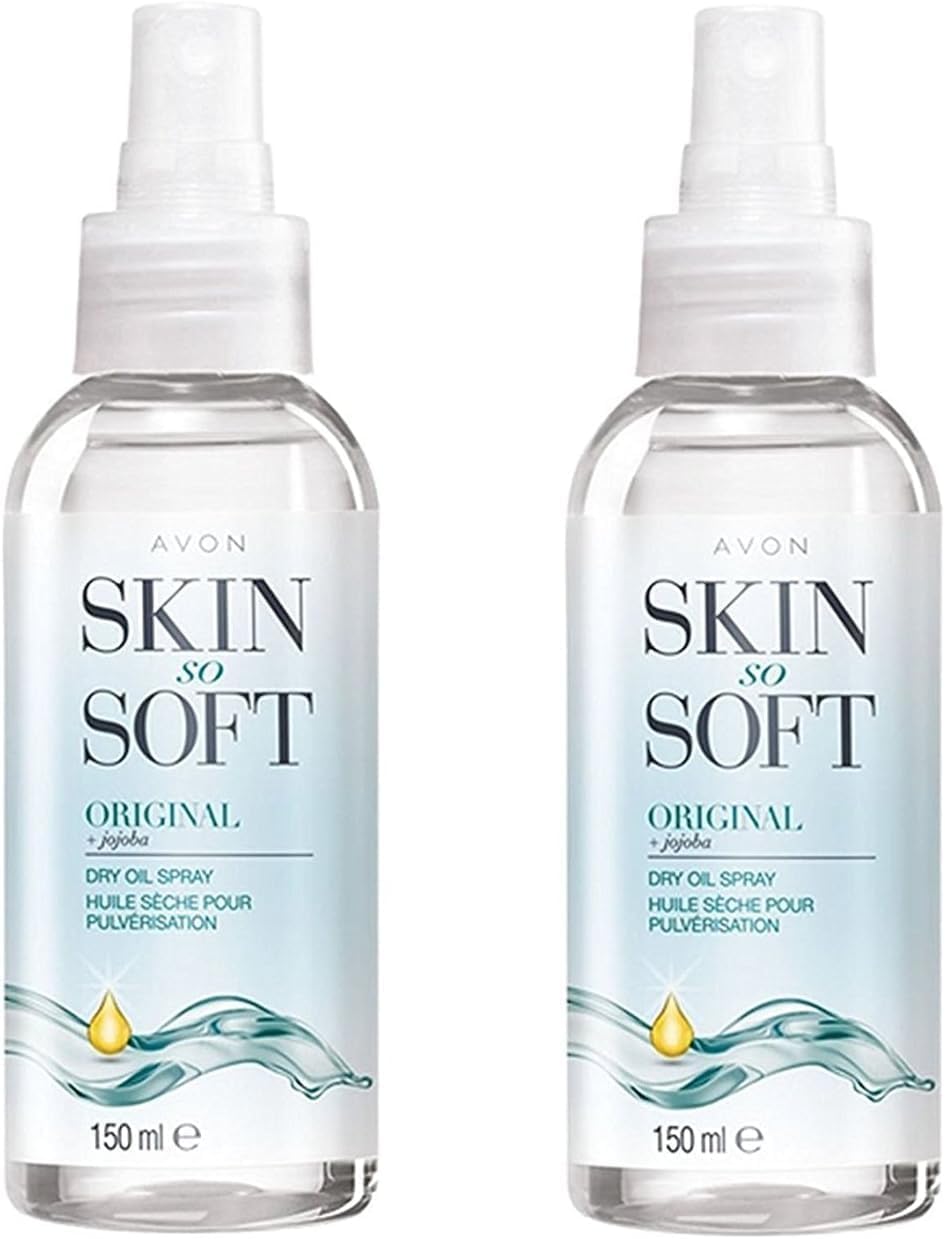 AVON SKIN SO SOFT front packaging showing dual 150ml bottles and benefits
