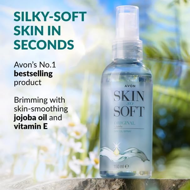 AVON SKIN SO SOFT ingredients label view showing jojoba and vitamin E benefit