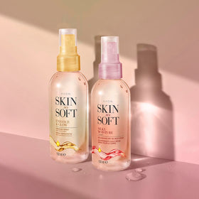 AVON SKIN SO SOFT in bathroom routine near towel emphasizing everyday convenience