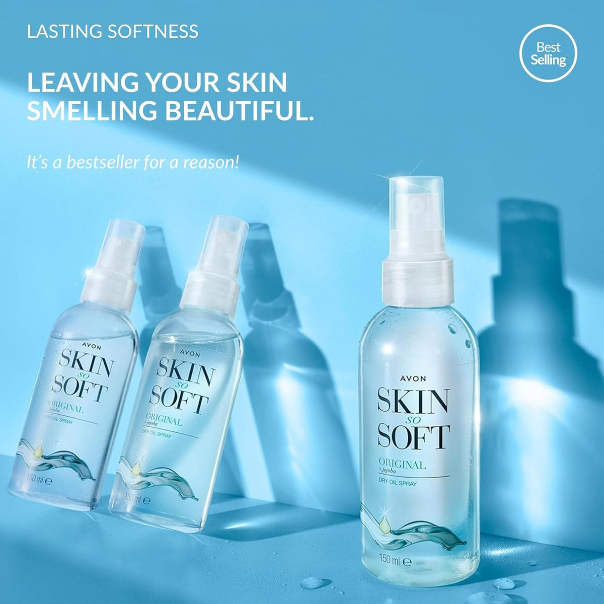 AVON SKIN SO SOFT lifestyle bathroom setting suggesting post-shower hydration routine
