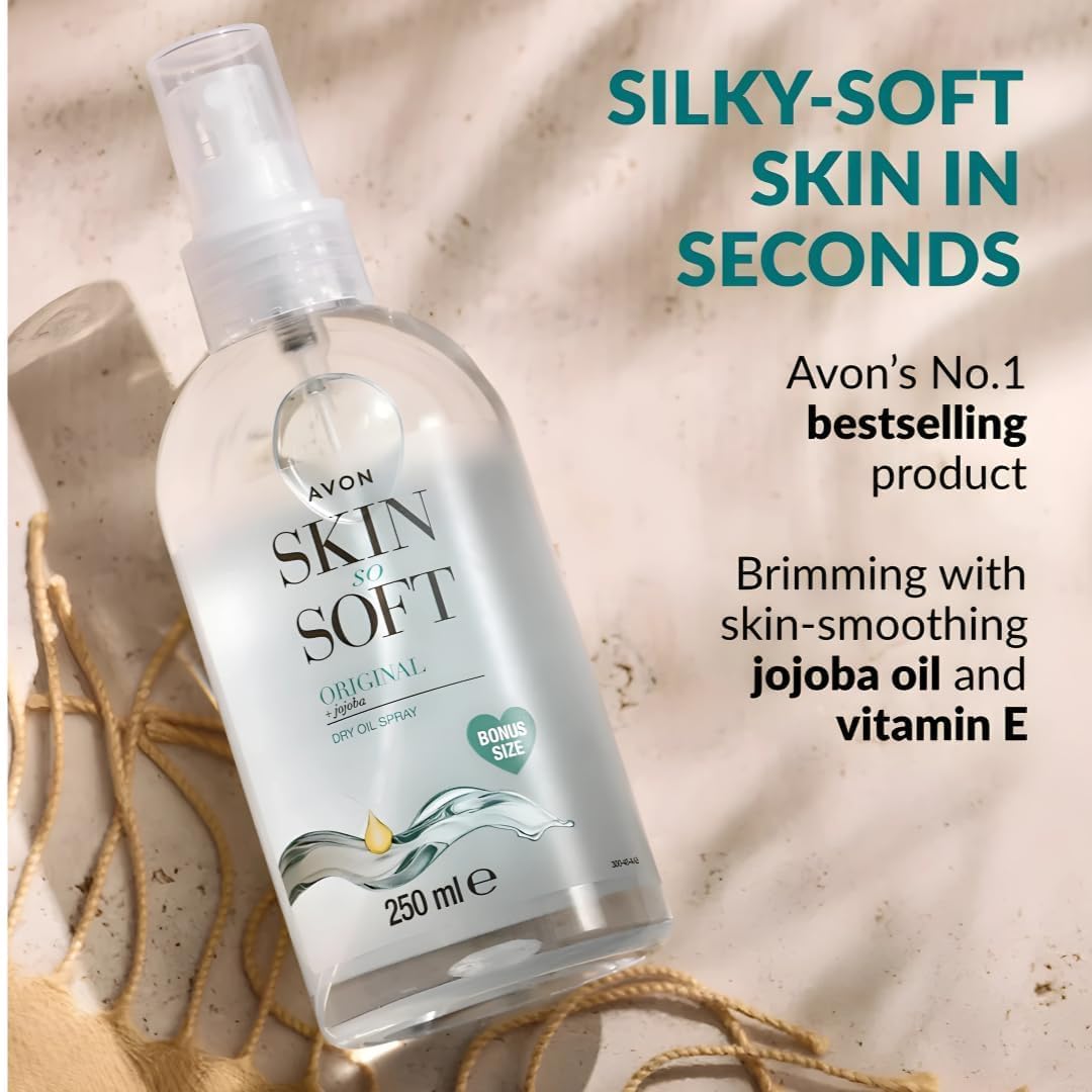 AVON SKIN SO SOFT bottle in hand for scale, showing generous 250ml size benefit