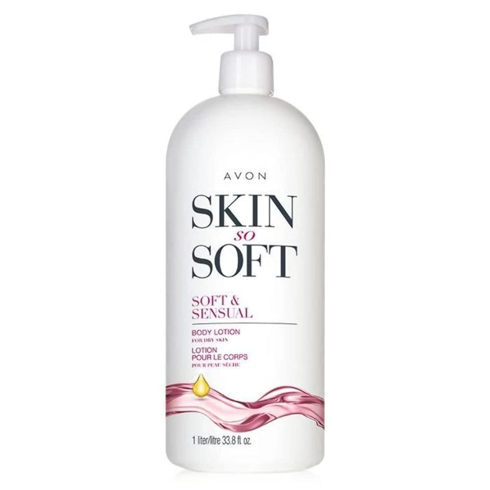 AVON Skin So Soft front packaging showing pump and floral scent for easy moisturizing