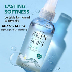 AVON SKIN SO SOFT texture close-up highlighting lightweight oil finish for smooth skin