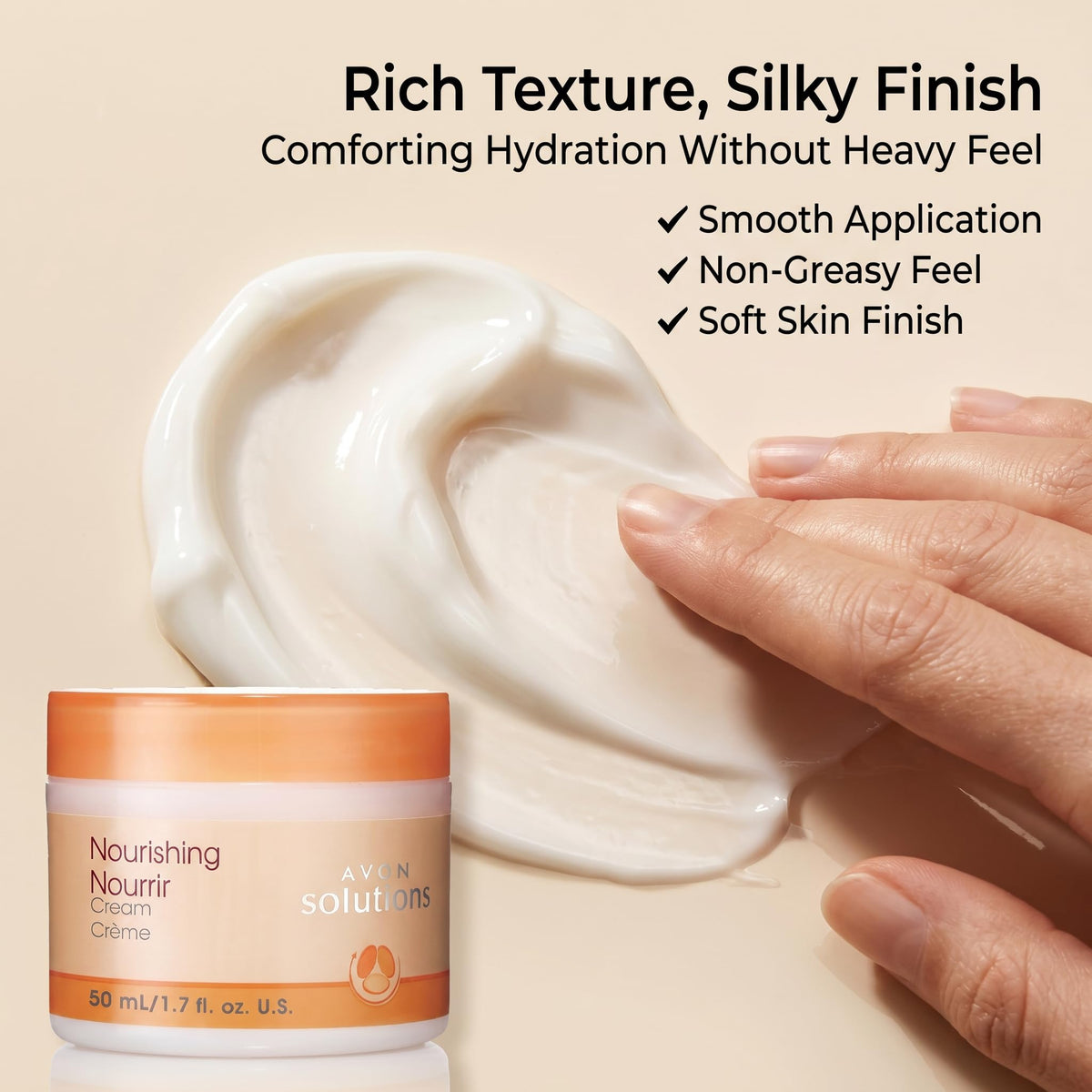 AVON applying cream on hand showing hydrated, non-greasy finish benefit