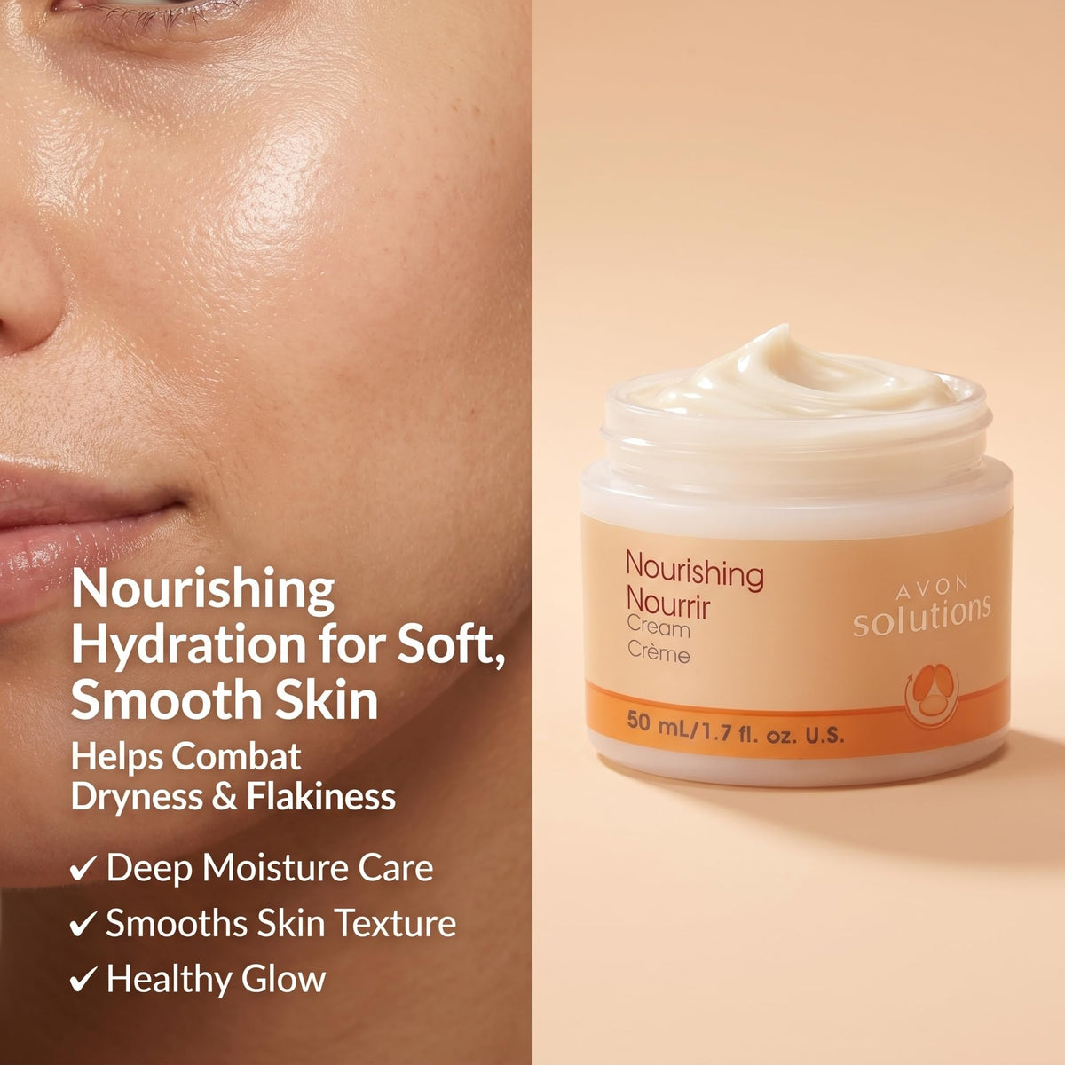 AVON cream texture close-up demonstrating smooth, fast-absorbing benefit