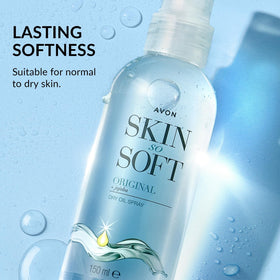 AVON SKIN SO SOFT mist on hair ends showing frizz control and shine