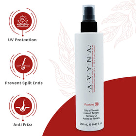 Avyna Pozione 10 being sprayed on damp hair to detangle and protect during styling