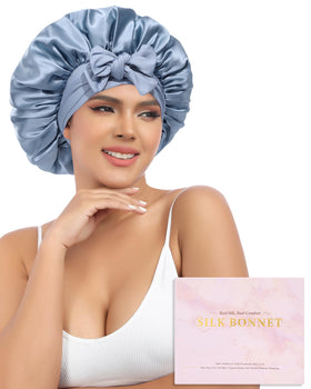 AWAYTR silk bonnet front view showing elegant haze blue and sky blue finish and polished fit