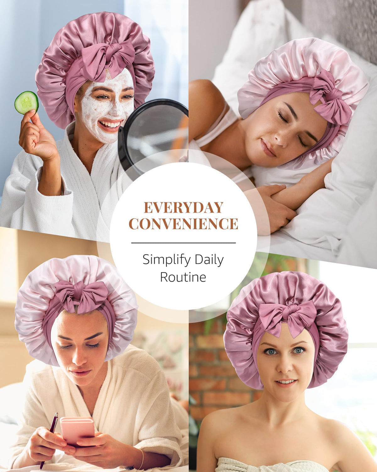 AWAYTR bonnet in morning routine setting with robe benefit: elevates loungewear aesthetic