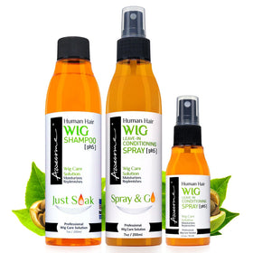 Awesome front packaging showing bottles and set benefits for wig care