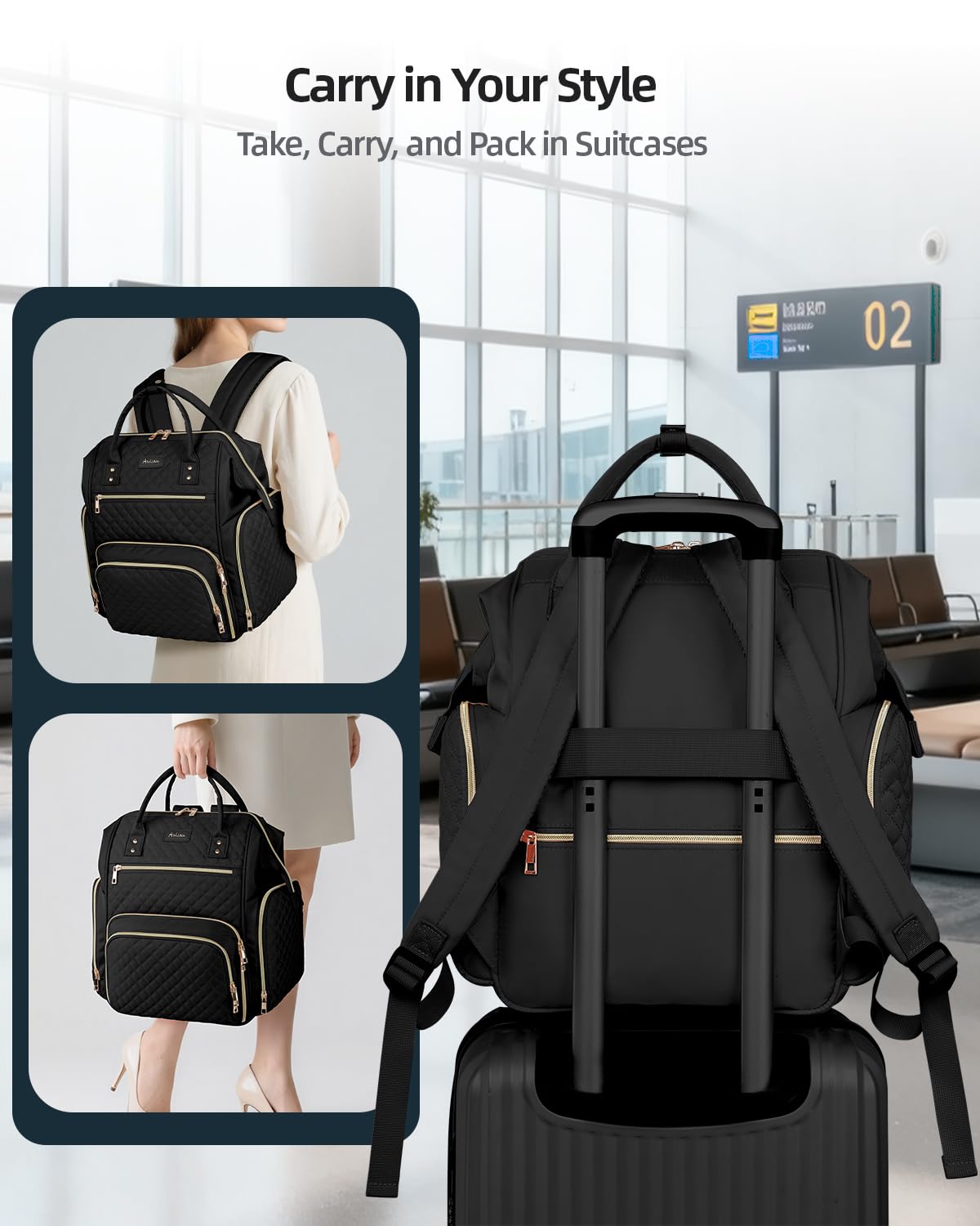 Awlcaw carrying options shown as backpack handheld and on luggage for comfortable travel