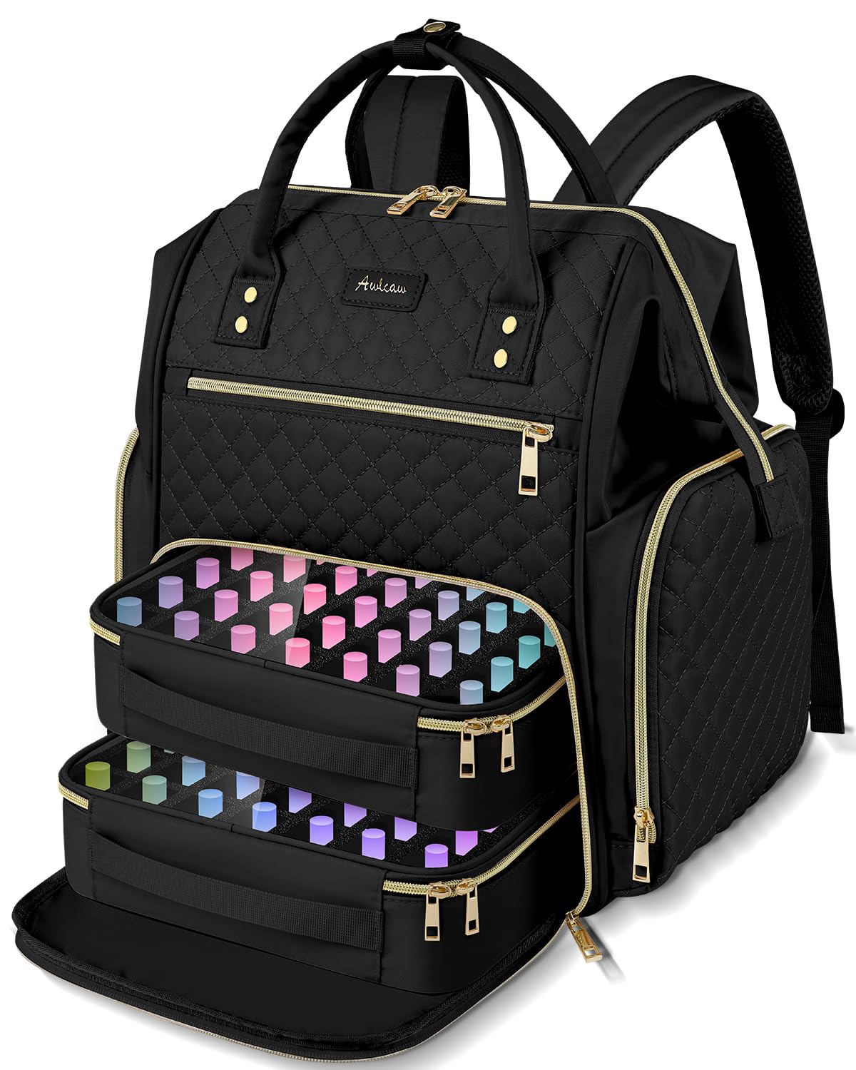 Awlcaw front view backpack showing organized exterior pockets and durable zippers for protection