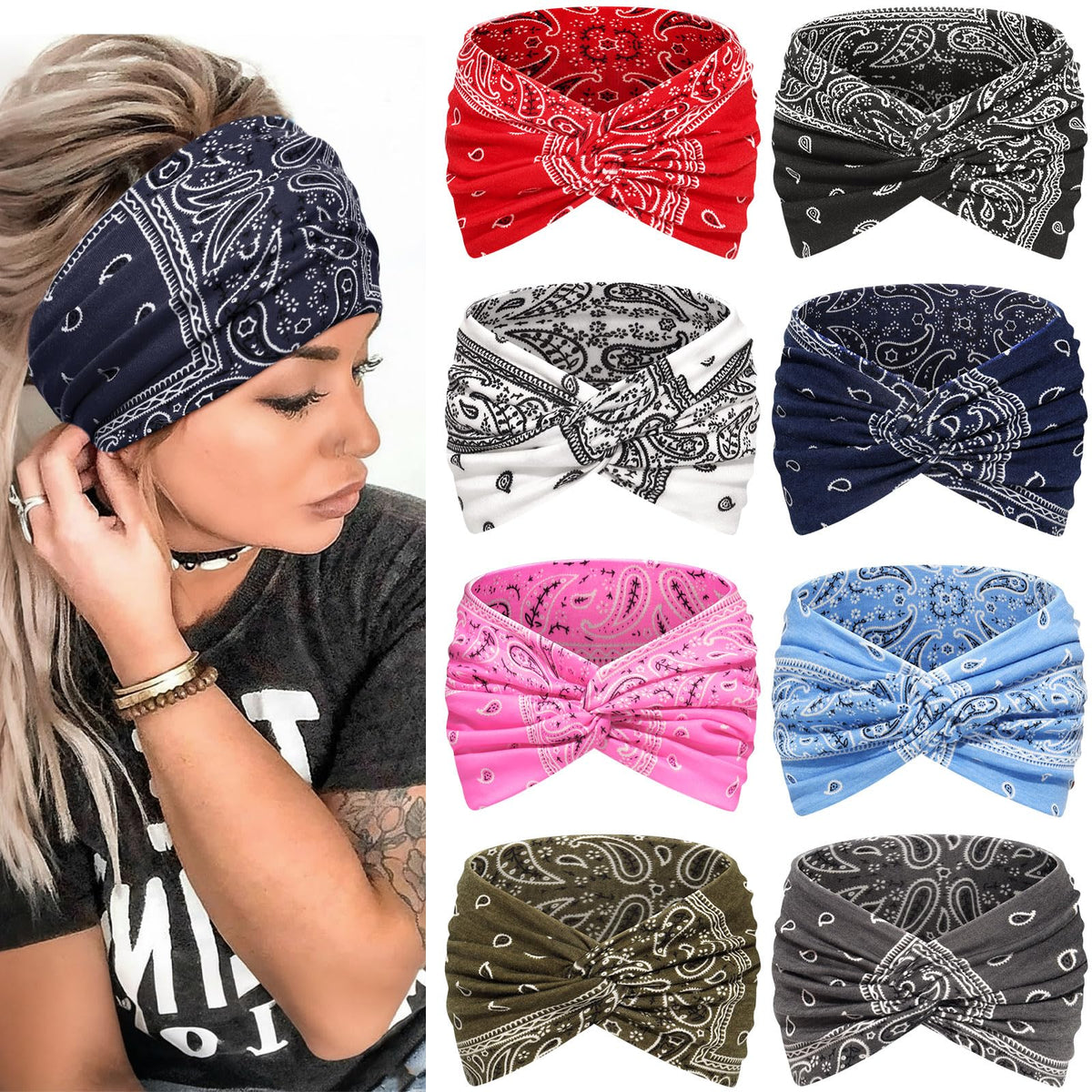 Awumbuk front view of blue 8-pack headbands showing colors and packaging benefit versatility