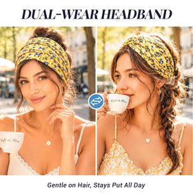 Awumbuk headband worn by yoga model, non-slip fit for active movement