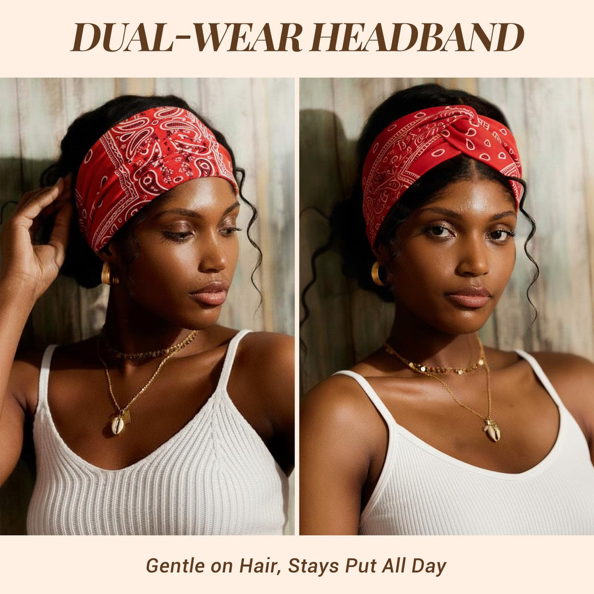 Awumbuk headband on woman doing yoga showing non-slip hold and comfort benefit