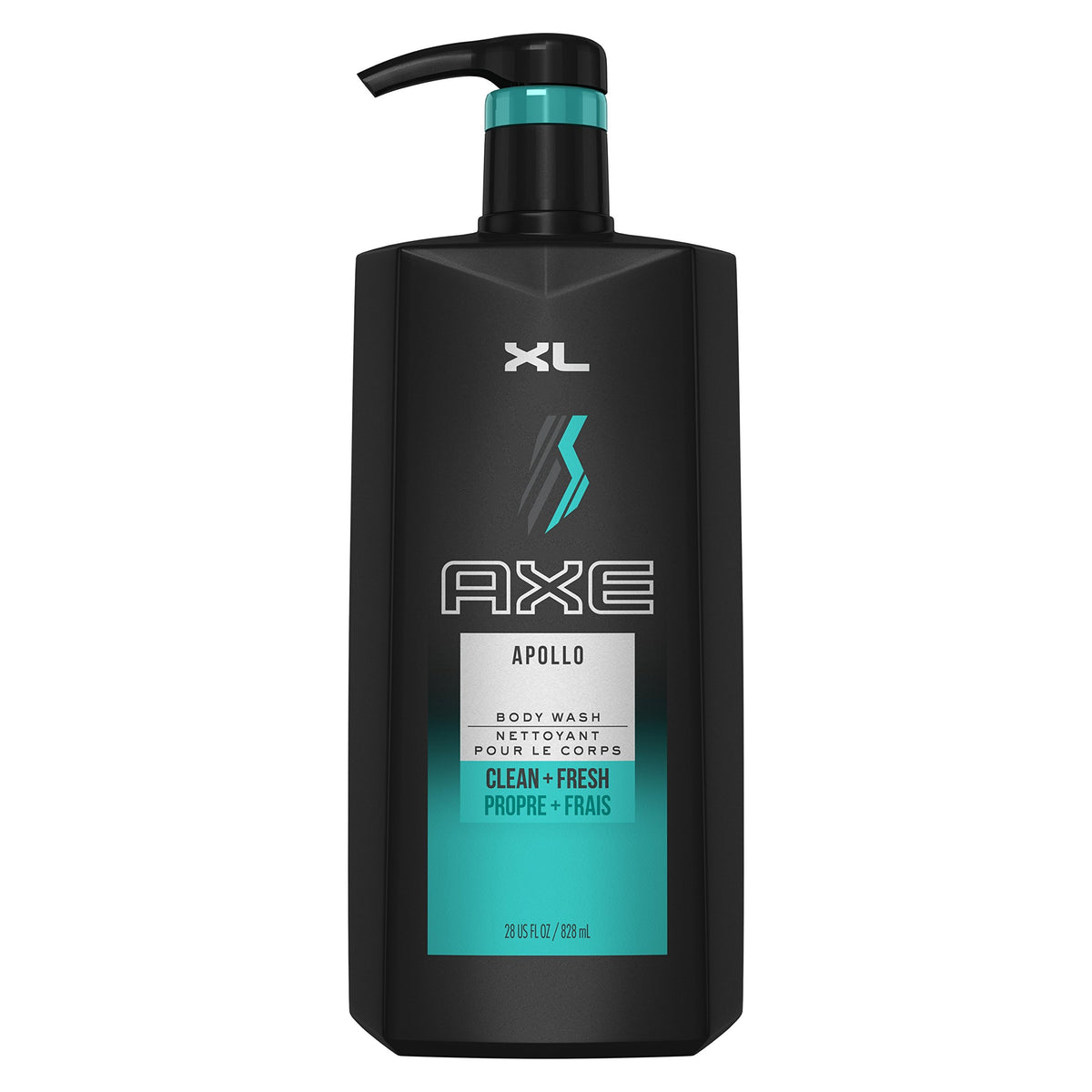 AXE Apollo front packaging showing label and 28 fl oz pump for easy dispensing