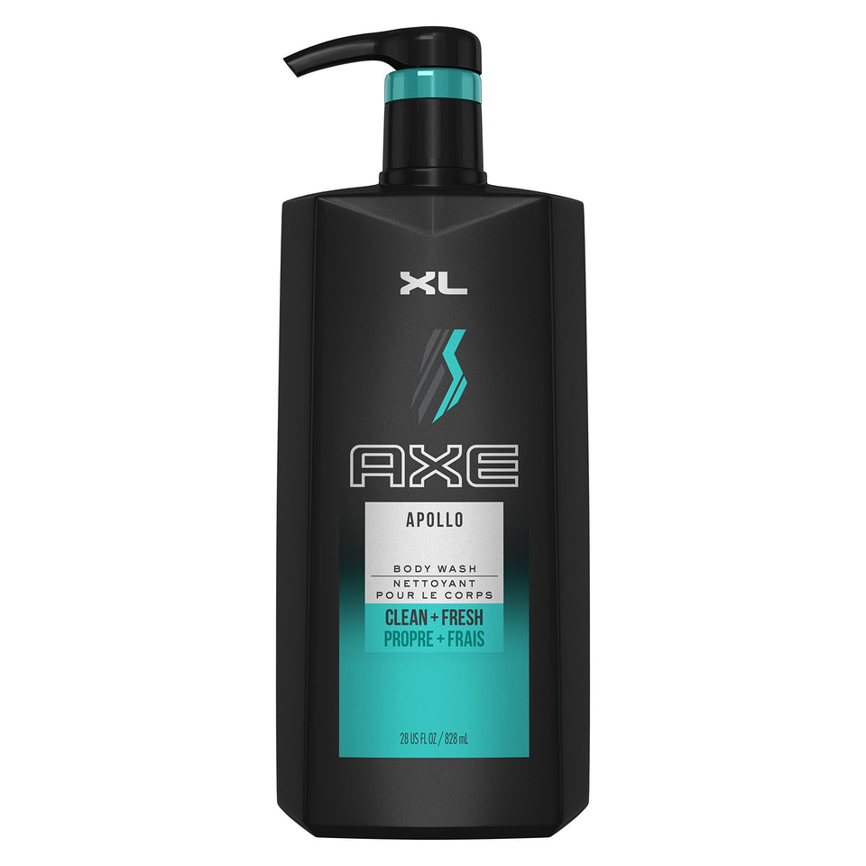 AXE Apollo front packaging showing label and 28 fl oz pump for easy dispensing