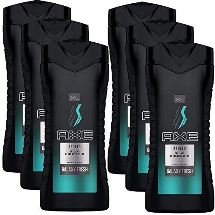 AXE Apollo front packaging showing six 13.5 fl oz bottles and scent branding for consistent freshness