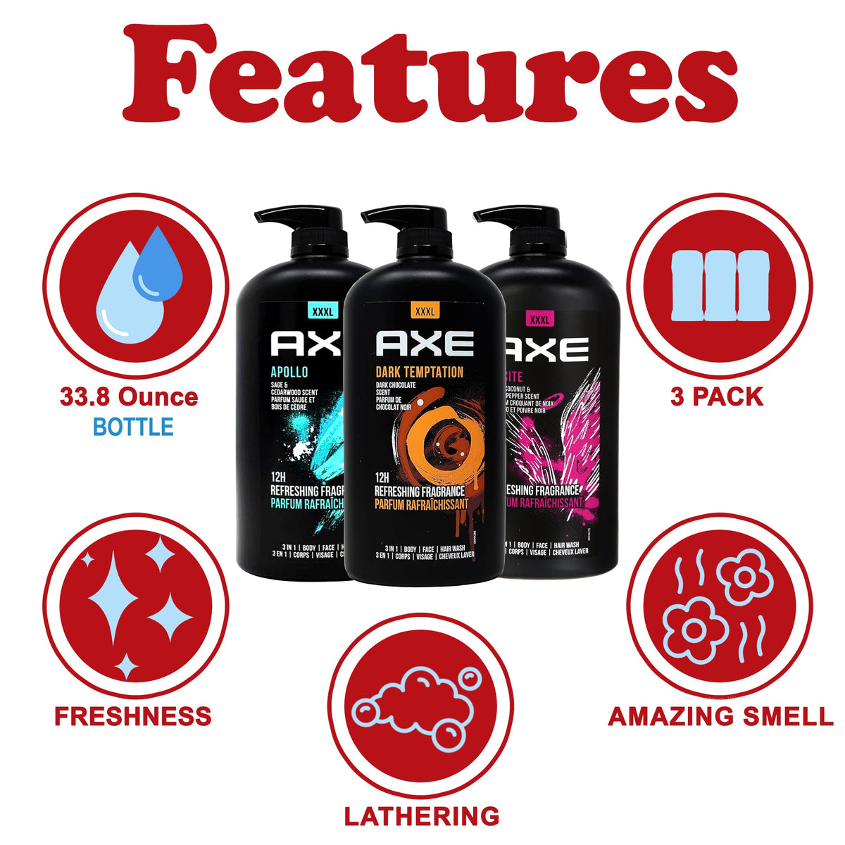AXE Apollo front pump bottle highlighting fresh fragrance and large size