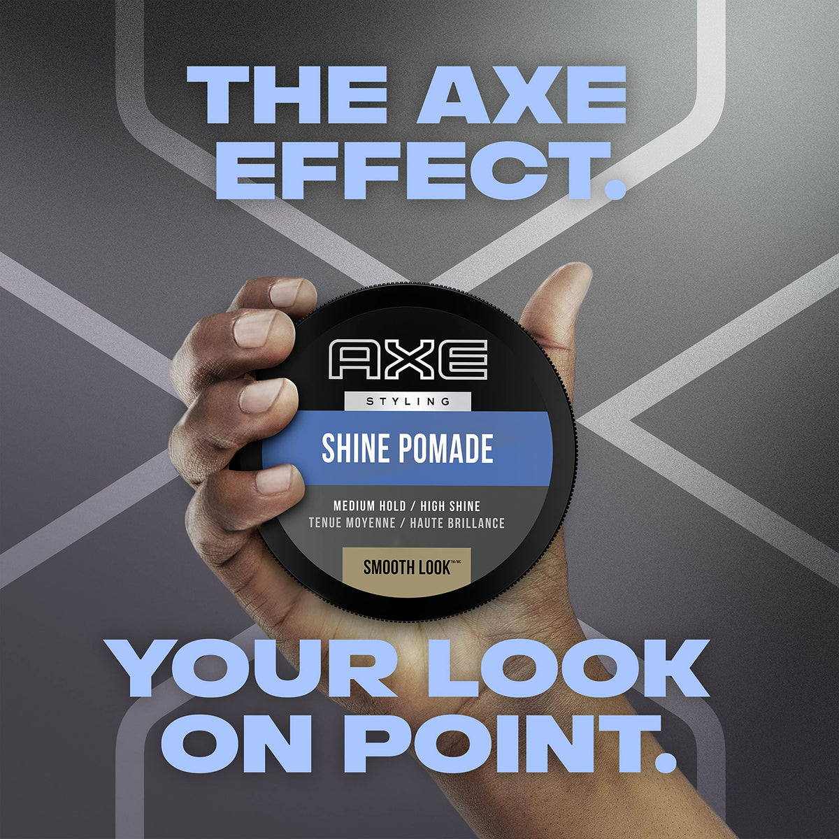 AXE pomade on bathroom shelf with AXE shampoo showing coordinated grooming routine