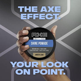 AXE pomade on bathroom shelf with AXE shampoo showing coordinated grooming routine