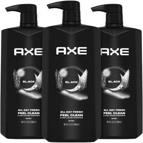 AXE Black front packaging showing three large pump bottles and scent label benefits