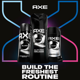 AXE Black bottle beside razor for scale, illustrating generous 33.8 oz size